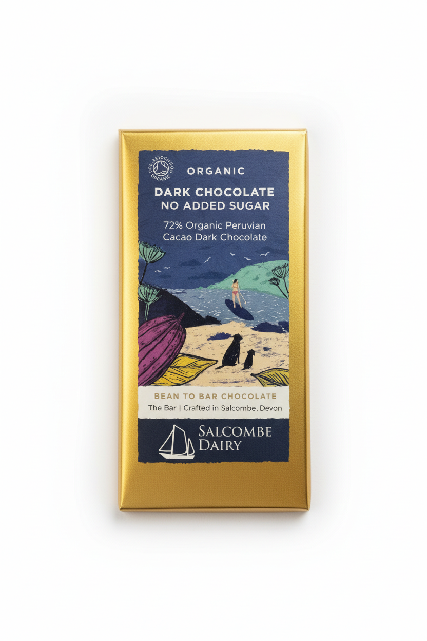 Salcombe Dairy Organic Dark Chocolate No Added Sugar bar on plain white background