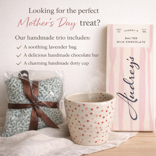 chocolate, cup and lavender bags